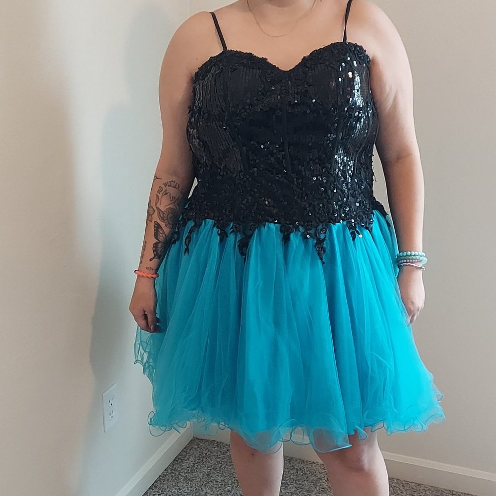 Plus Size Juliet Fit and Flare Black Sequins Top and Turquoise Tulle Bottom Mini